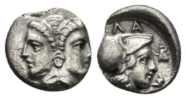 MYSIA, Lampsakos (4th-3rd centuries BC.) AR Diobol. (11mm, 0.99 g) Obv: Janiform female head. Rev: ΛAM. Helmeted head of Athena right; bee to right; a...