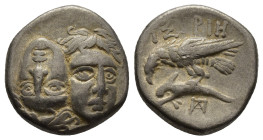 MOESIA, Istros. Circa 280-256/5 BC. AR Drachm (18mm, 5.64 g). Facing male heads, the left inverted / Sea-eagle left, grasping dolphin with talons; ΠA ...