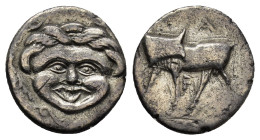 Mysia. Parion circa 400-300 BC. Hemidrachm AR (13mm, 2,0 g). Gorgoneion / ΠΑ-ΡΙ, bull standing left, head right.