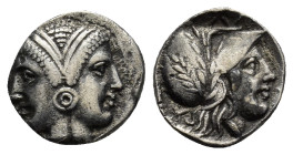 Mysia, Lampsakos AR Diobol. (11mm, 1.17 g) 4th-3rd century BC. Female janiform head / Head of Athena right,wearing Corinthian helmet decorated with wr...