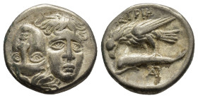 MOESIA, Istros. Circa 280-256/5 BC. AR Drachm (17mm, 5.6 g). Facing male heads, the left inverted / Sea-eagle left, grasping dolphin with talons; AΠ m...