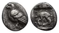 Troas. Abydos 480-450 BC. Obol AR (10mm, 1,11 g). [ΑΒΥ], eagle standing left / Facing gorgoneion, tongue protruding, within incuse square.
