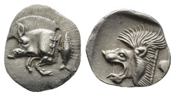 MYSIA. Kyzikos. (Circa 450-400 BC). AR Obol. (11mm, 0.83 g) Obv: Forepart of boar left, E (retrograde) on shoulder; tunny behind. Rev: Head of roaring...
