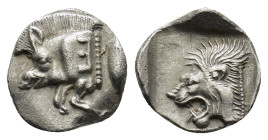 MYSIA. Kyzikos. (Circa 450-400 BC). AR Obol. (11mm, 0.81 g) Obv: Forepart of boar left, E (retrograde) on shoulder; tunny behind. Rev: Head of roaring...
