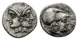 MYSIA. Lampsakos. (Circa 4th-3rd centuries BC). AR Diobol (12mm 1.13 g) Obv: Janiform female head; ΘEO on neck. Rev: Head of Athena right, wearing cre...
