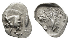 MYSIA. Kyzikos. (Circa 450-400 BC). AR Obol. (12mm, 0.55 g) Obv: Forepart of boar left, E (retrograde) on shoulder; tunny behind. Rev: Head of roaring...