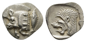 MYSIA. Kyzikos. (Circa 450-400 BC). AR Obol. (10mm, 0.80 g) Obv: Forepart of boar left, E (retrograde) on shoulder; tunny behind. Rev: Head of roaring...
