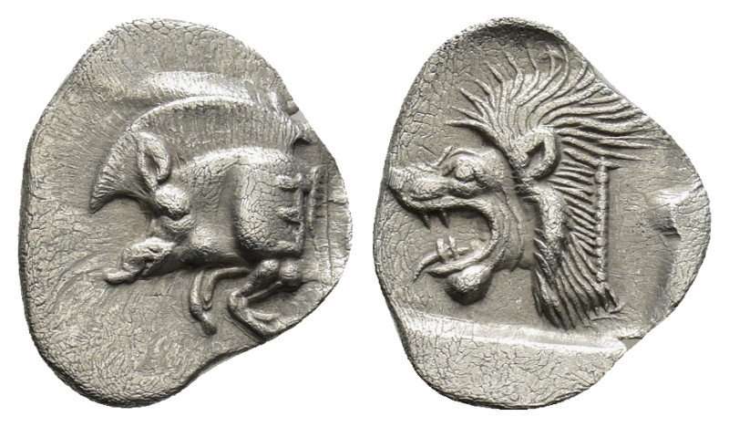 MYSIA. Kyzikos. (Circa 450-400 BC). AR Obol. (13mm, 0.80 g) Obv: Forepart of boa...