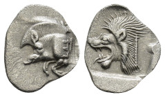 MYSIA. Kyzikos. (Circa 450-400 BC). AR Obol. (13mm, 0.80 g) Obv: Forepart of boar left, E (retrograde) on shoulder; tunny behind. Rev: Head of roaring...