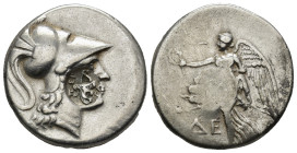 PAMPHYLIA, Side. Circa 200-190 BC. AR Tetradrachm (27mm, 16.80 g). Head of Athena right, wearing crested Corinthian helmet; c/m: bow in bowcase, ΠEΡ /...