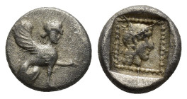 Dynasts of Lycia. Orou (Uvug) AR Obol. (10mm, 1.09 g) Circa 470-440 BC. Sphinx seated to left, one paw outstretched / Head of Apollo right, OFOV behin...