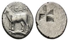Bithynia, Kalchedon AR Hemidrachm. (13mm, 1.87 g) Circa Early 4th century BC. Bull standing left on corn-ear, KAΛ above / Mill-sail incuse.