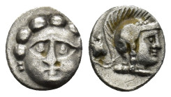 Pisidia. Selge 250-190 BC. Obol AR (9mm, 0.67 g) Facing gorgoneion Rev.Helmeted head of Athena right; astragalos to left.