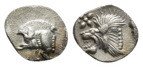 Mysia. Kyzikos circa 480 BC. Hemiobol AR (9mm, 0,34 g). Forepart of boar to left, to right, tunny fish swimming upwards / Head of lion to left within ...