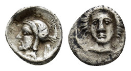Cilicia. Tarsos . Pharnabazos 380-373 BC. Hemiobol AR (7mm., 0,33 g). Bearded head left, wearing crested Attic helmet, legend to left. / Female head f...