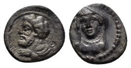 CILICIA. Uncertain mint. Ca. 4th century BC. AR obol (10mm, 0.75 g). Bearded bust of Heracles left, lion skin draped below neck. / Veiled female head ...