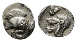 Mysia, Kyzikos. 525-475 B.C. AR hemiobol (0.38 Gr. 8mm) Forepart of boar left; to right, tunny behind; retrograde K on shoulder Rev. Head of roaring l...