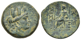 Cilicia. Tarsos circa 164-27 BC. Bronze Æ (22mm, 7.3 g) Turreted head of Tyche right / ΤΑΡΣΕΩΝ, Zeus seated left; two monograms to right