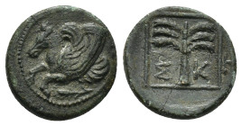 Troas, Skepsis Æ (13mm, 2.0 g) . Circa 400-310 BC. Forepart of Pegasos to right / Palm tree, Σ-K across fields; all within linear square.