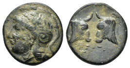 MYSIA. Pergamon. AE (Circa 310-282 BC). AE (16mm, 3.93 g) Helmeted and laureate head of Athena left. Rev: ΠEΡΓA. Confronted bull's heads.