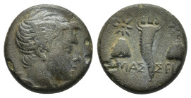 PONTOS. Amaseia. Ae. (14mm, 3.76 g) Struck under Mithradates VI (Circa 120-111 or 110-100 BC). Obv: Draped and winged bust of Perseus right. Rev: ΑΜΑΣ...