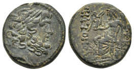 Seleukis and Pieria, Antioch, Civic Issue. 1st century BC. Æ Tetrachalkon (19mm, 7.74 g). Laureate head of Zeus r. R/ Zeus Nikephoros seated l. on thr...