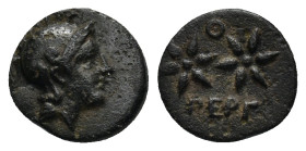 Mysia. Pergamon circa 310-284 BC. Bronze Æ (10mm, 0,9 g). Helmeted head of Athena right / Two stars, Θ above, ΠΕΡΓ below.