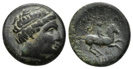Kings of Macedon. Miletos. Philip III Arrhidaeus 323-317 BC. Bronze Æ (17mm, 5.2 g). Diademed head right / Horseman riding right; labrys above, monogr...
