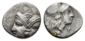 Mysia, Lampsakos Circa 300 BC, Diobol, (10mm, 1.18 g): Obv: Janiform head: male/female Rev: Head of Athena wearing a corinthian helmet right "LA" abov...