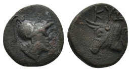 MYSIA, Kyzikos, (circa 300-180 BC) AE Bronze (12mm, 2.11 g) Obv: Helmeted head of Athena right. Rev: Bull head left, Trident to right.
