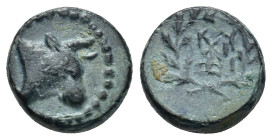 MYSIA. Kyzikos. Ae (12mm, 2.27 g) (2nd-1st centuries BC). Obv: Head of bull right. Rev: Monogram between KY / ZI; all within wreath.