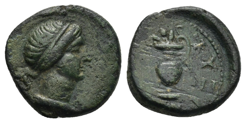 Kyzikos, Mysia. AE (14mm, 3.0 g). AD 185-192. Head of Kore right, wreathed with ...