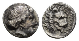 Troas, Antandros AR Diobol. (9mm, 0.83 g) Circa late 5th century BC. Head of Artemis Astyrene to right / Head of lion to right; ANTAN before; all with...