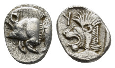 MYSIA, Kyzikos (Circa 450-400 BC) AR Obol (10mm, 0.76 g) Forepart of boar left; tunny to right / Head of roaring lion left; retrograde K in upper left...