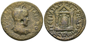 Bronze Æ
Philip I (244-249), Pamphylia, Perge, Laureate, draped bust r. R / Distyle temple, with eagle in pediment and containing statue of Artemis P...