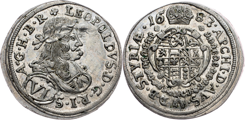 Leopold I., 6 Kreuzer 1683, Graz Leopold I., 6 Kreuzer 1683, Graz, 3,635 g, Ag, ...