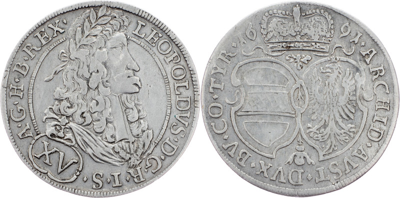 Leopold I., 15 Kreuzer 1691, Hall Leopold I., 15 Kreuzer 1691, Hall, 6,508 g, Hö...