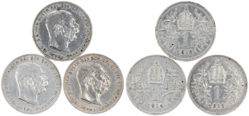 Franz Joseph I., 1 Krone 1912, 1914, 1915, Vienna Franz Joseph I., 1 Krone 1912,...