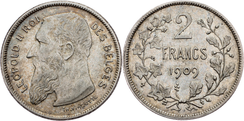 Leopold II., 2 Francs 1909, Brussels Leopold II., 2 Francs 1909, Brussels, 9,973...