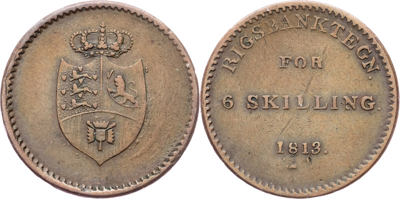 Frederick VI. , 6 Skilling 1813 Frederick VI. , 6 Skilling 1813, 7,126 g, Copper...