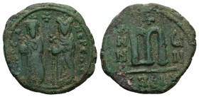 Phocas and Leontia, AD 602-610. AE, Follis. 8.51 g. 28.39 mm. Theoupolis (Antioch).