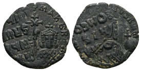 Constantine VII and Romanus I, AD 931-944. AE, Follis. 4.37 g. 23.82 mm. Constantinople. Overstruck