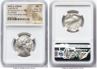 ATTICA. Athens. Ca. 440-404 BC. AR tetradrachm (24mm, 17.19 gm, 7h). NGC MS 5/5 - 4/5. Mid-mass coinage issue. Head of Athena right, wearing earring, ...