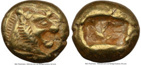 LYDIAN KINGDOM. Alyattes or Walwet (ca. 610-546 BC). EL third-stater or trite (12mm, 4.72 gm). NGC Choice VF 4/5 - 4/5. Lydo-Milesian standard, Sardes...