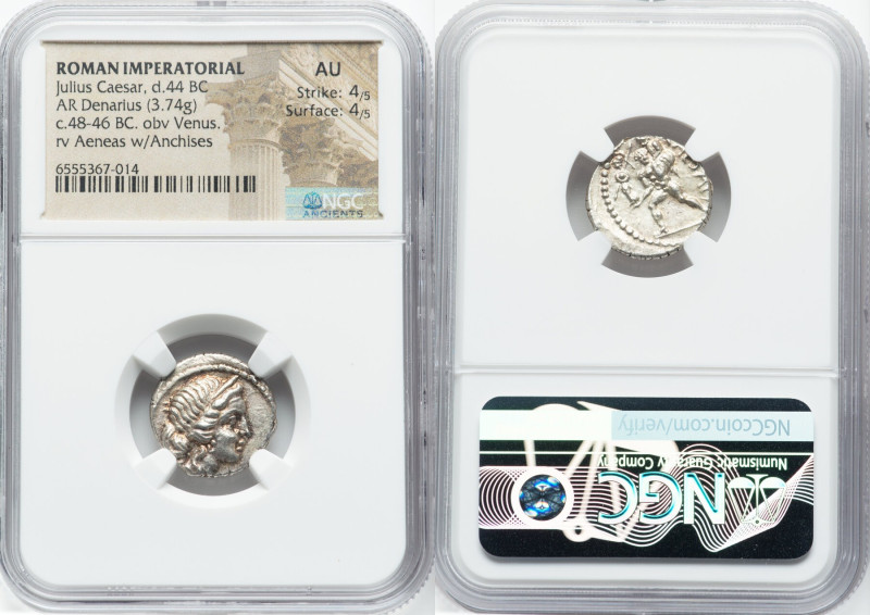 Julius Caesar, as Dictator (49-44 BC). AR denarius (17mm, 3.74 gm, 5h). NGC AU 4...