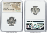Geta, as Caesar (AD 209-211). AR denarius (18mm, 3.41 gm, 5h). NGC Choice AU 5/5 - 4/5. Rome, AD 200-202. P SEPT GETA-CAES PONT, bareheaded, draped bu...