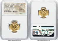 Justin I (AD 518-527). AV solidus (20mm, 4.38 gm, 6h). NGC MS 5/5 - 3/5, edge bend, clipped. Constantinople, 6th officina. D N IVSTI-NVS PP AVG, pearl...
