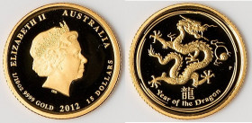 Elizabeth II gold "Year of the Dragon" 15 Dollars (1/10 oz) 2012-P UNC, Perth mint, KM1671. Mintage: 5,000. Lunar series. Accompanied by original case...