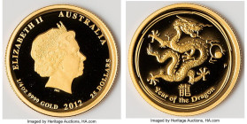 Elizabeth II gold "Year of the Dragon" 25 Dollars (1/4 oz) 2012-P UNC, Perth mint, KM1672. Mintage: 5,000. Lunar series. Accompanied by original case ...