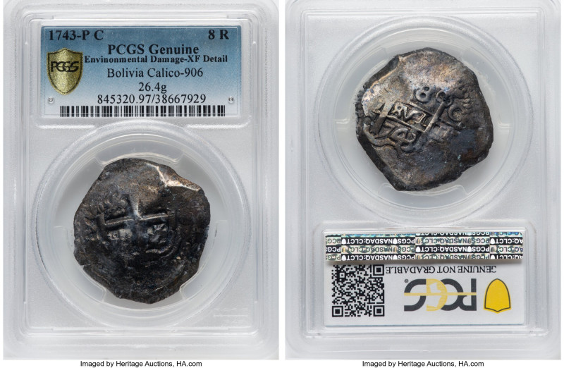 Philip V Cob 8 Reales 1743 P-C XF Details (Environmental Damage) PCGS, Potosi mi...